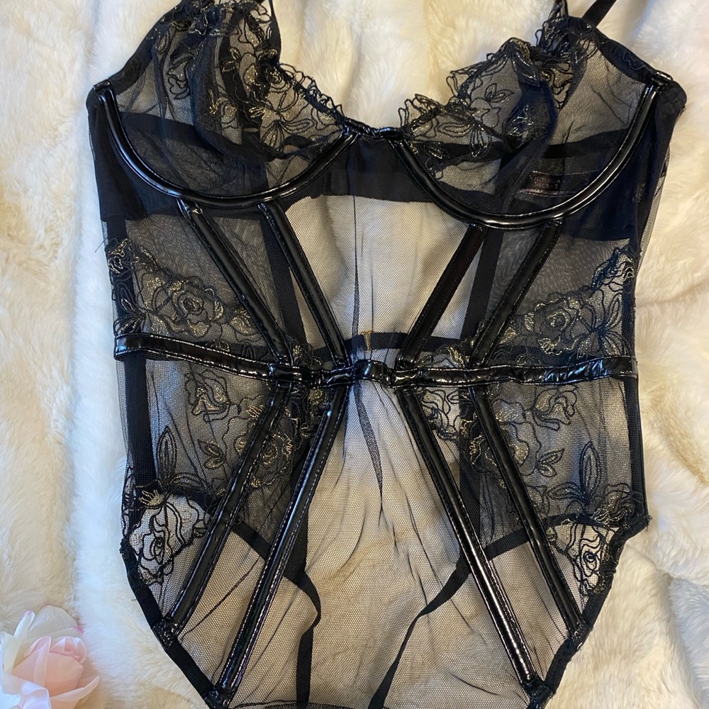 Victoria's Secret Black and gold floral Sheer Lace One peice lingerie